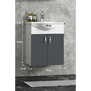 Yıldız 50 Cm Antrasit Gri Mdf Seramik Lavabolu Asma Alt Banyo Dolabı 50 cm