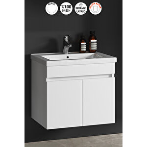 Çiğdem 65 Cm Beyaz Balon Mdf Seramik Lavabolu Asma Banyo Alt Dolabı