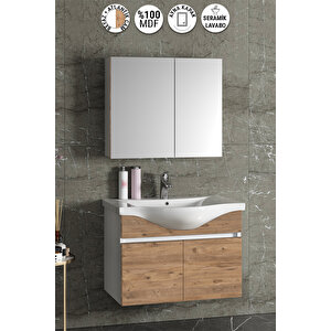 Yıldız 80 Cm Beyaz-atlantik Çam Mdf Seramik Lavabolu Asma Banyo Dolabı Takımı