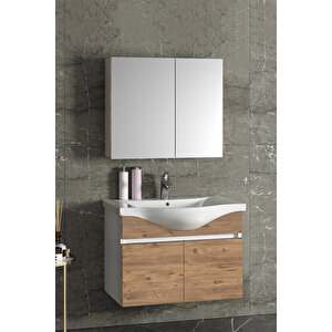 Yıldız 80 Cm Beyaz-atlantik Çam Mdf Seramik Lavabolu Asma Banyo Dolabı Takımı