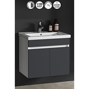 Çiğdem 65 Cm Beyaz-Antrasit Gri Mat Mdf Seramik Lavabolu Asma Banyo Alt Dolabı