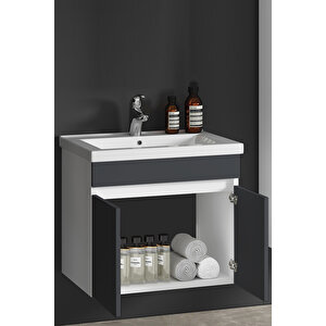 Çiğdem 65 Cm Beyaz-Antrasit Gri Mat Mdf Seramik Lavabolu Asma Banyo Alt Dolabı