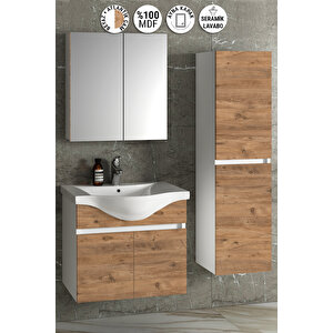 Yıldız 55+35 Cm Beyaz-atlantik Çam Mdf Seramik Lavabolu Asma Banyo Dolabı Takımı