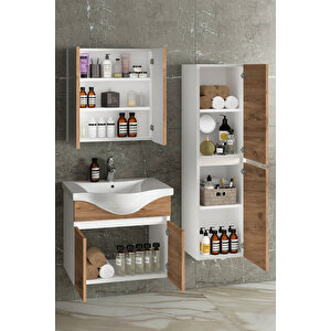 Yıldız 55+35 Cm Beyaz-atlantik Çam Mdf Seramik Lavabolu Asma Banyo Dolabı Takımı