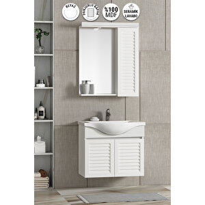 Lilyum 55 Cm Beyaz Mdf Panjurlu Balon Kapak Seramik Lavabolu Asma Banyo Dolabı Takımı
