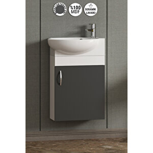 Lale 45 Cm Beyaz-antrasit Gri Mat Mdf Seramik Lavabolu Asma Alt Banyo Dolabı 45 cm