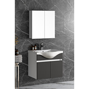 Yıldız 55 Cm Beyaz-antrasit Gri Mat Mdf Seramik Lavabolu Asma Banyo Dolabı Takımı