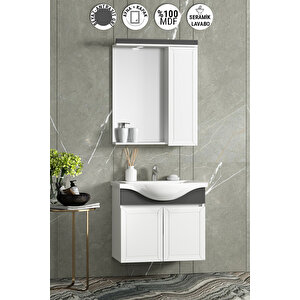 Lilyum 65 Cm Beyaz-antrasit Gri Mat Mdf Pk-109 Balon Kapak Seramik Lavabolu Asma Banyo Dolabı Takımı