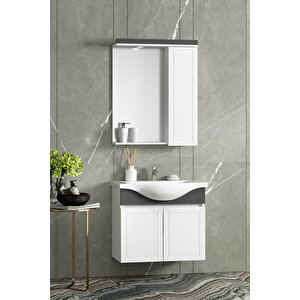 Lilyum 65 Cm Beyaz-antrasit Gri Mat Mdf Pk-109 Balon Kapak Seramik Lavabolu Asma Banyo Dolabı Takımı