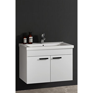 Çiğdem Kulplu 80 Cm Beyaz Mdf Seramik Lavabolu Asma Banyo Alt Dolabı