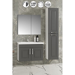 Salkım 65+35 Cm Beyaz-füme Balon Mdf Seramik Lavabolu Asma Banyo Dolabı Takımı