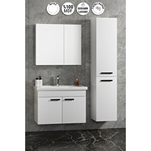 Çiğdem Kulplu 80+35 Cm Beyaz Mdf Seramik Lavabolu Asma Banyo Dolabı Takımı
