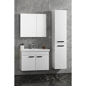 Çiğdem Kulplu 80+35 Cm Beyaz Mdf Seramik Lavabolu Asma Banyo Dolabı Takımı