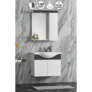 Yıldız 55 Cm Beyaz-antrasit Gri Mat Mdf Seramik Lavabolu Asma Banyo Dolabı Takım