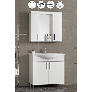 Leylak 80 Cm Beyaz Mdf Seramik Lavabolu Ayaklı Banyo Dolabı Takımı