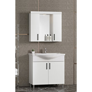 Leylak 80 Cm Beyaz Mdf Seramik Lavabolu Ayaklı Banyo Dolabı Takımı