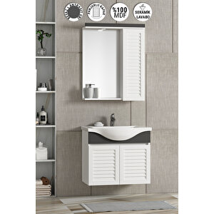 Lilyum 55 Cm Beyaz-antrasit Gri Mat Mdf Panjur Balon Kapak Seramik Lavabolu Asma Banyo Dolabı Takımı
