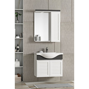 Lilyum 55 Cm Beyaz-antrasit Gri Mat Mdf Panjur Balon Kapak Seramik Lavabolu Asma Banyo Dolabı Takımı