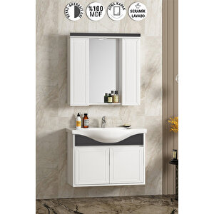 Lilyum 80 Cm Beyaz-antrasit Gri Mat Mdf Pk-109 Balon Kapak Seramik Lavabolu Asma Banyo Dolabı Takımı