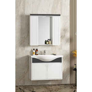 Lilyum 80 Cm Beyaz-antrasit Gri Mat Mdf Pk-109 Balon Kapak Seramik Lavabolu Asma Banyo Dolabı Takımı