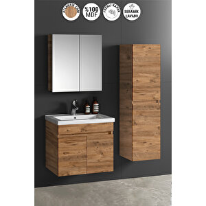 Çiğdem 65+35 cm Atlantik Çam MDF Seramik Lavabolu Asma Banyo Dolabı Takımı