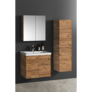 Çiğdem 65+35 cm Atlantik Çam MDF Seramik Lavabolu Asma Banyo Dolabı Takımı