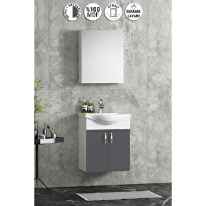 Yıldız 50 Cm Antrasit Gri Mdf Seramik Lavabolu Asma Banyo Dolabı Takım