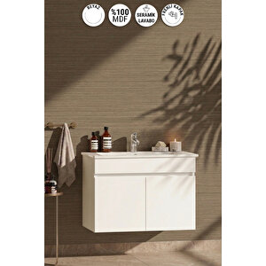 Lotus 75 Cm Beyaz Mdf Seramik Lavabolu Asma Banyo Alt Dolabı