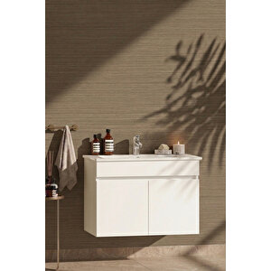 Lotus 75 Cm Beyaz Mdf Seramik Lavabolu Asma Banyo Alt Dolabı