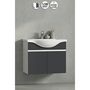 Yıldız 55 Cm Beyaz-antrasit Gri Mat Mdf Seramik Lavabolu Asma Banyo Alt Dolabı 55 cm