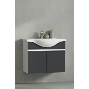 Yıldız 55 Cm Beyaz-antrasit Gri Mat Mdf Seramik Lavabolu Asma Banyo Alt Dolabı 55 cm