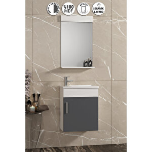Lale 42x24 Cm Beyaz-antrasit Gri Mat Mdf Seramik Lavabolu Asma Banyo Dolabı Takımı