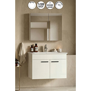 Petunya 75 Cm Beyaz Mdf Seramik Lavabolu Asma Banyo Dolabı Takımı 75 cm