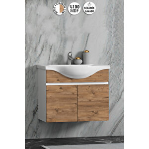 Yıldız 55 Cm Beyaz-atlantik Çam Mdf Seramik Lavabolu Asma Banyo Alt Dolabı 55 cm