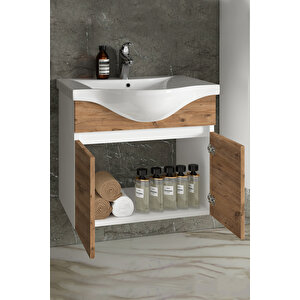 Yıldız 55 Cm Beyaz-atlantik Çam Mdf Seramik Lavabolu Asma Banyo Alt Dolabı 55 cm