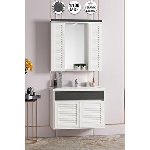 Çuha 80 Cm Beyaz-antrasit Gri Mdf Panjurlu Balon Kapak Seramik Lavabolu Asma Banyo Dolabı Takımı
