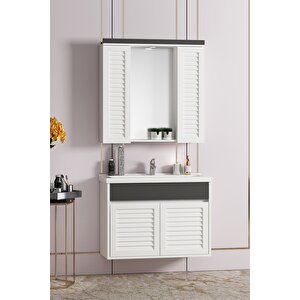 Çuha 80 Cm Beyaz-antrasit Gri Mdf Panjurlu Balon Kapak Seramik Lavabolu Asma Banyo Dolabı Takımı