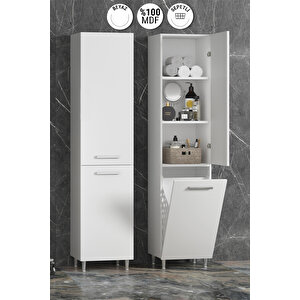 40x167 Cm Beyaz Mdf Sepetli Ayaklı Banyo Boy Dolabı