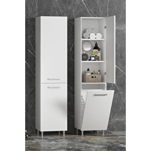 40x167 Cm Beyaz Mdf Sepetli Ayaklı Banyo Boy Dolabı