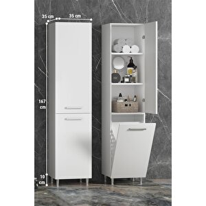 35x167 Cm Beyaz Mdf Sepetli Ayaklı Banyo Boy Dolabı
