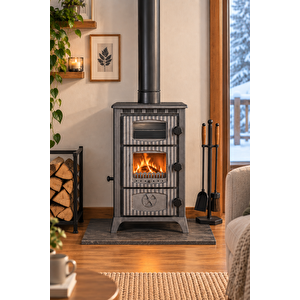 Stove Kambo Camlı Fırınlı Döküm Tuğlalı Şömine Soba