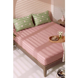 Pudra Kahve Minimal Yeşil Papatya Çift Kişilik Lastikli Çarşaf Takımı 160x200 Cm - 3 Parça