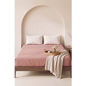 Pudra Kahve Soft Çiçekli Çift Kişilik Lastikli Çarşaf Takımı 160x200 Cm - 3 Parça