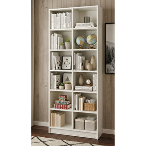 12 Raflı Kitaplık – 18 Mm Mdf Beyaz – Salon, Ofis Ve Çocuk Odası
