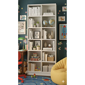 12 Raflı Kitaplık – 18 Mm Mdf Beyaz – Salon, Ofis Ve Çocuk Odası