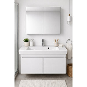 85 Cm Banyo Dolabı Takımı %100 Mdf Aynalı Üst Dolaplı Turkuaz Porto Seramik Lavabolu Beyaz
