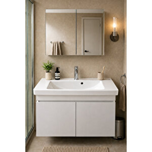 85 Cm Banyo Dolabı Takımı %100 Mdf Aynalı Üst Dolaplı Turkuaz Porto Seramik Lavabolu Beyaz