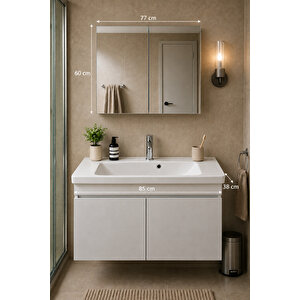 85 Cm Banyo Dolabı Takımı %100 Mdf Aynalı Üst Dolaplı Turkuaz Porto Seramik Lavabolu Beyaz