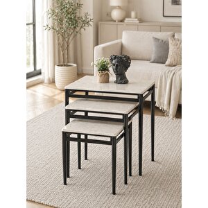 3’lü Zigon Sehpa Takımı Traverten Desenli Mdf Membran Tabla – Siyah Metal Ayaklı