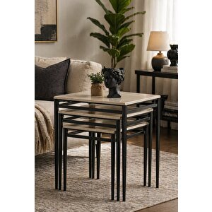3’lü Zigon Sehpa Takımı Traverten Desenli Mdf Membran Tabla – Siyah Metal Ayaklı